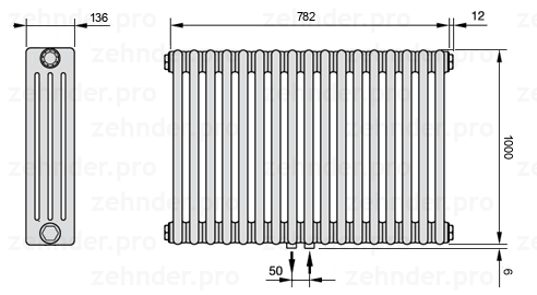 Схема (чертеж) Радиатор Zehnder Charleston 4100/17 №5410 Белый глянцевый RAL 9016